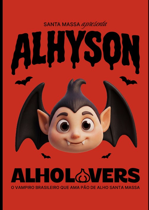 Pôster de apresentação do mascote Conde Alhyson, com o hashtag #AlhoLovers