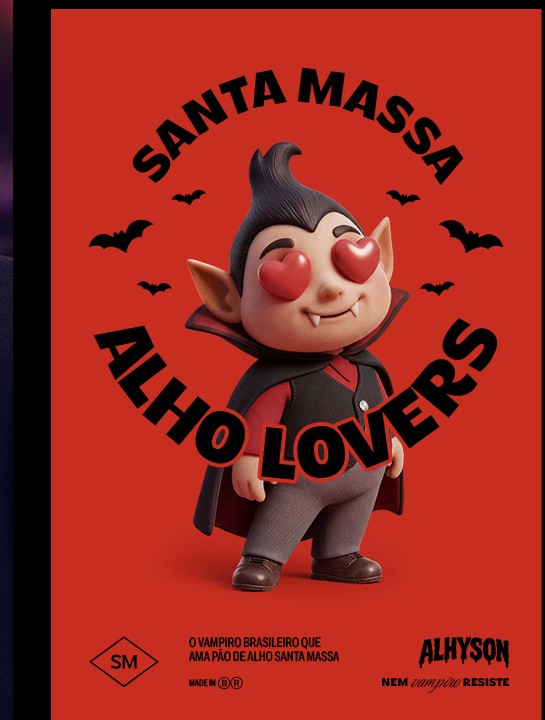 Pôster circular 'Santa Massa Alho Lovers' com o mascote Conde Alhyson