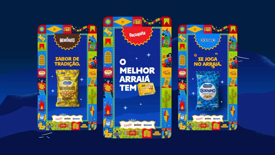 Três stories das marcas do portfólio: Mendorato sabor de tradição, Paçoquita o melhor arraiá tem, Crokíssimo se joga no arraiá