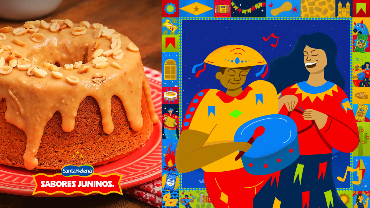 Bolo de amendoim com calda, sabores juninos, e casal de personagens ilustrados