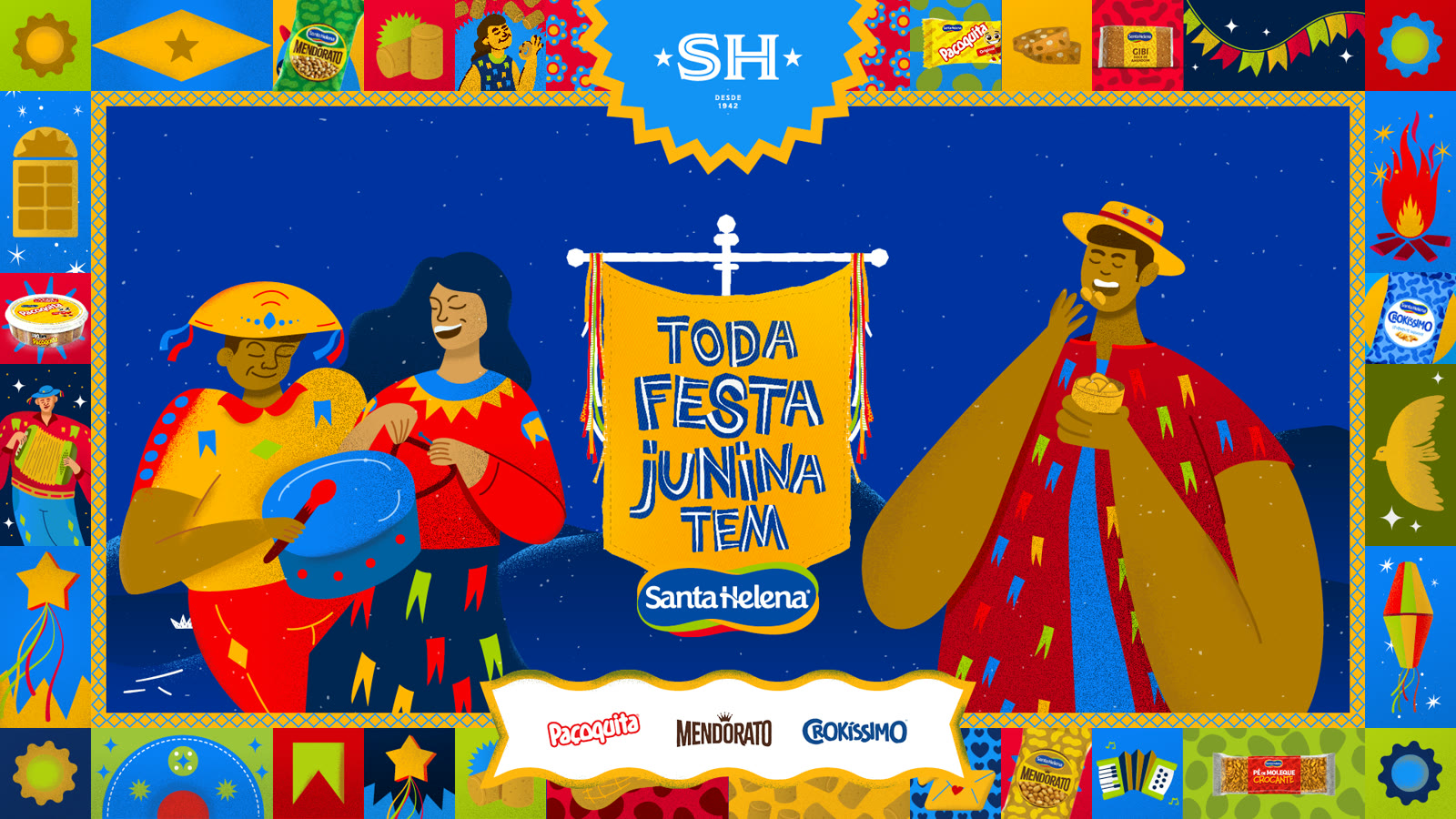 Key visual com personagens ilustrados em trajes juninos